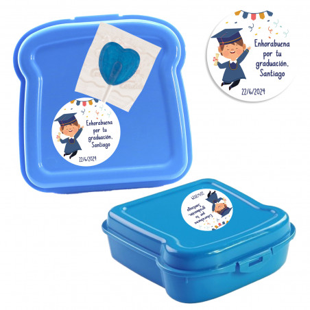Boîte à sandwich avec sucette en forme de cœur et autocollant de graduation personnalisé pour garçon