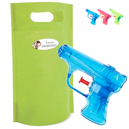 Pistolet à eau pour enfants dans un sac cadeau et un autocollant personnalisé