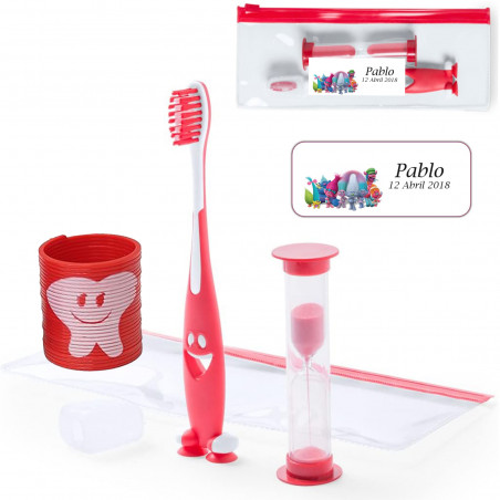 Brosse à dents pour enfants dans un étui transparent avec sablier et ressort amusant