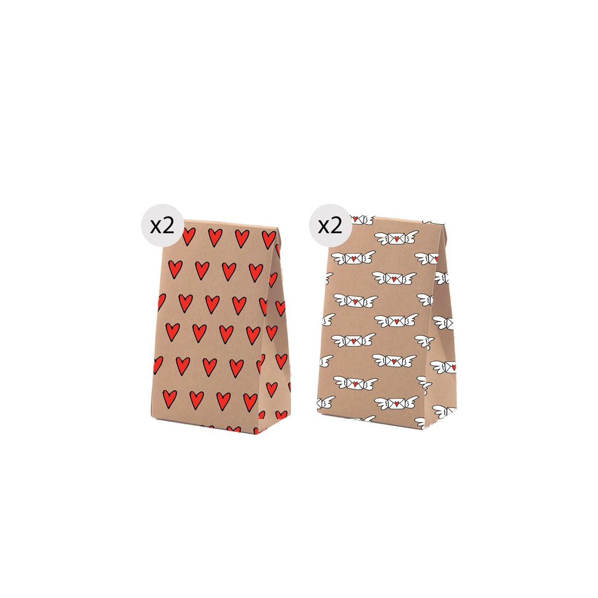 Set de 4 sacs en kraft taille S avec un imprimé amusant et romantique