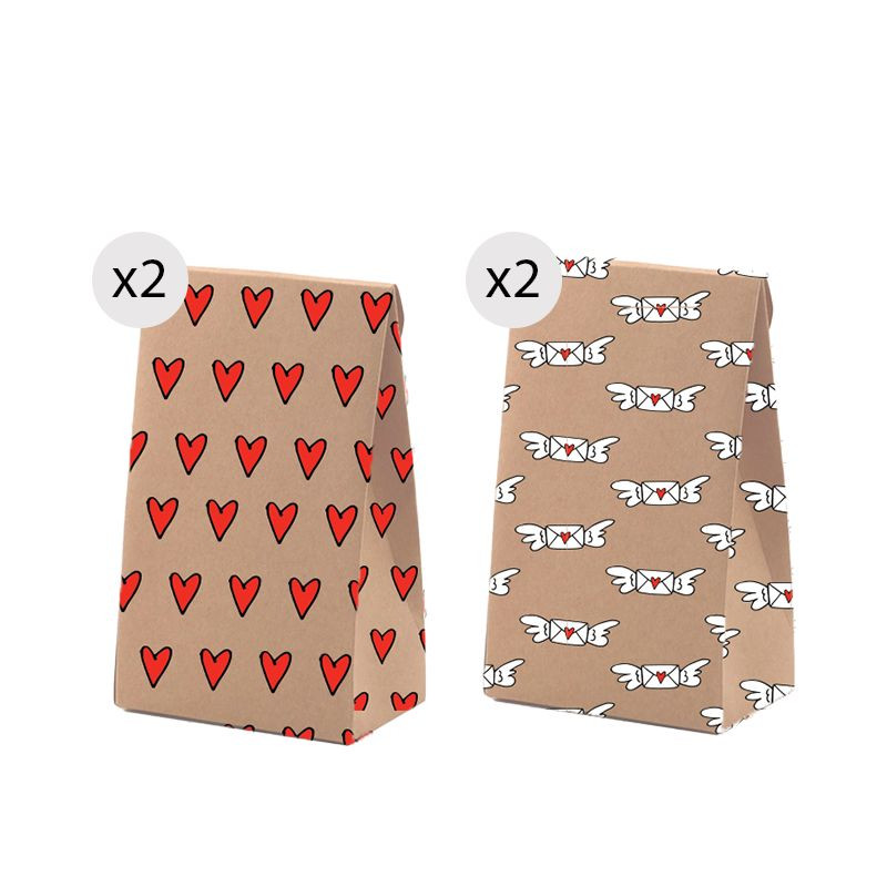 Set de 4 sacs en kraft taille S avec un imprimé amusant et romantique