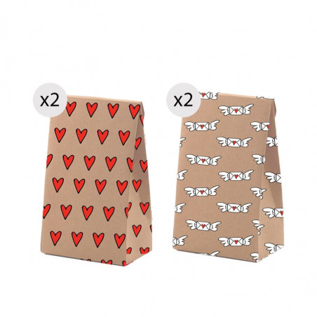 Set de 4 sacs en kraft taille S avec un imprimé amusant et romantique