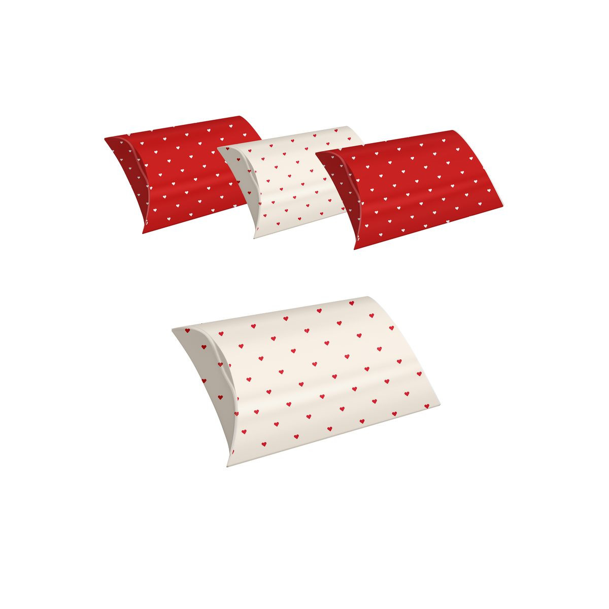 Lot de 4 boîtes de taille S avec des coeurs imprimés en rouge et blanc.