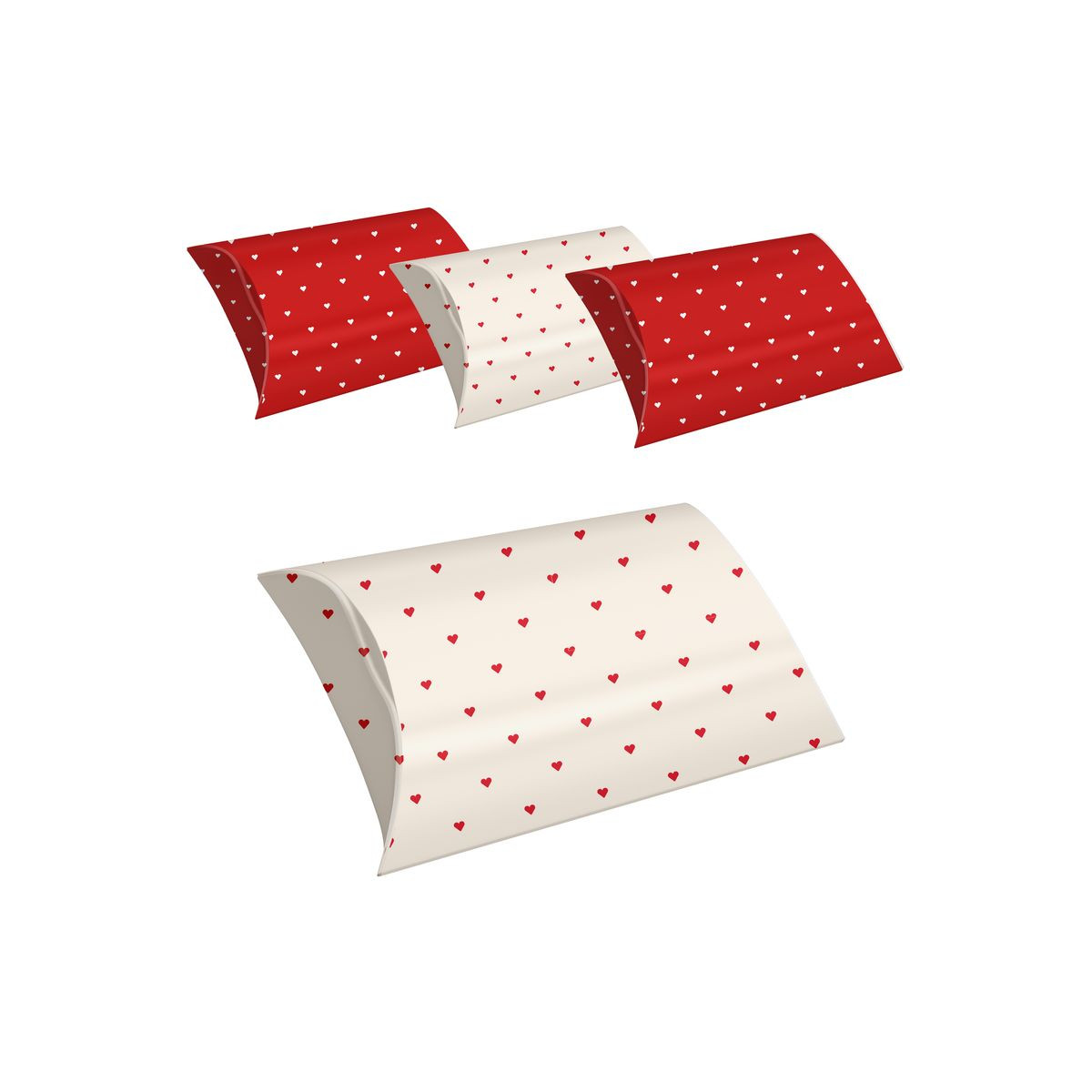 Lot de 4 boîtes de taille M avec des coeurs imprimés en rouge et blanc.