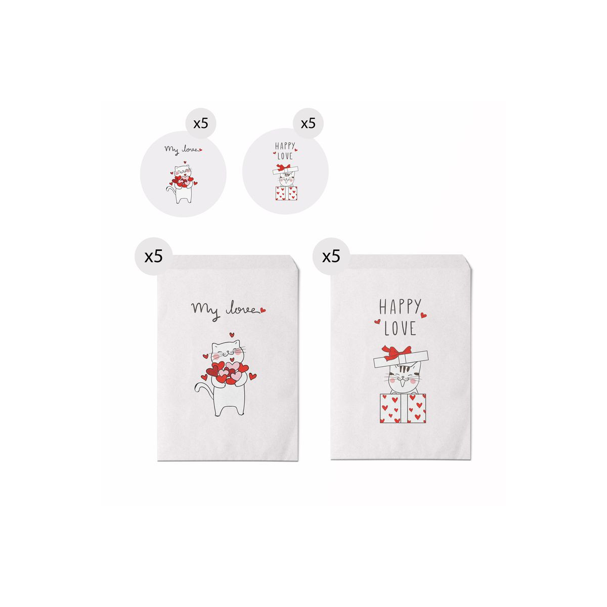 Set de 10 enveloppes de taille 13x16 de chatons avec des messages d'amour