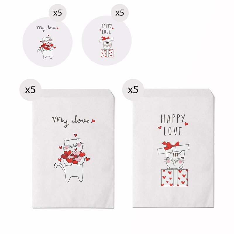 Set de 10 enveloppes de taille 13x16 de chatons avec des messages d'amour