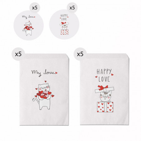 Set de 10 enveloppes de taille 13x16 de chatons avec des messages d'amour