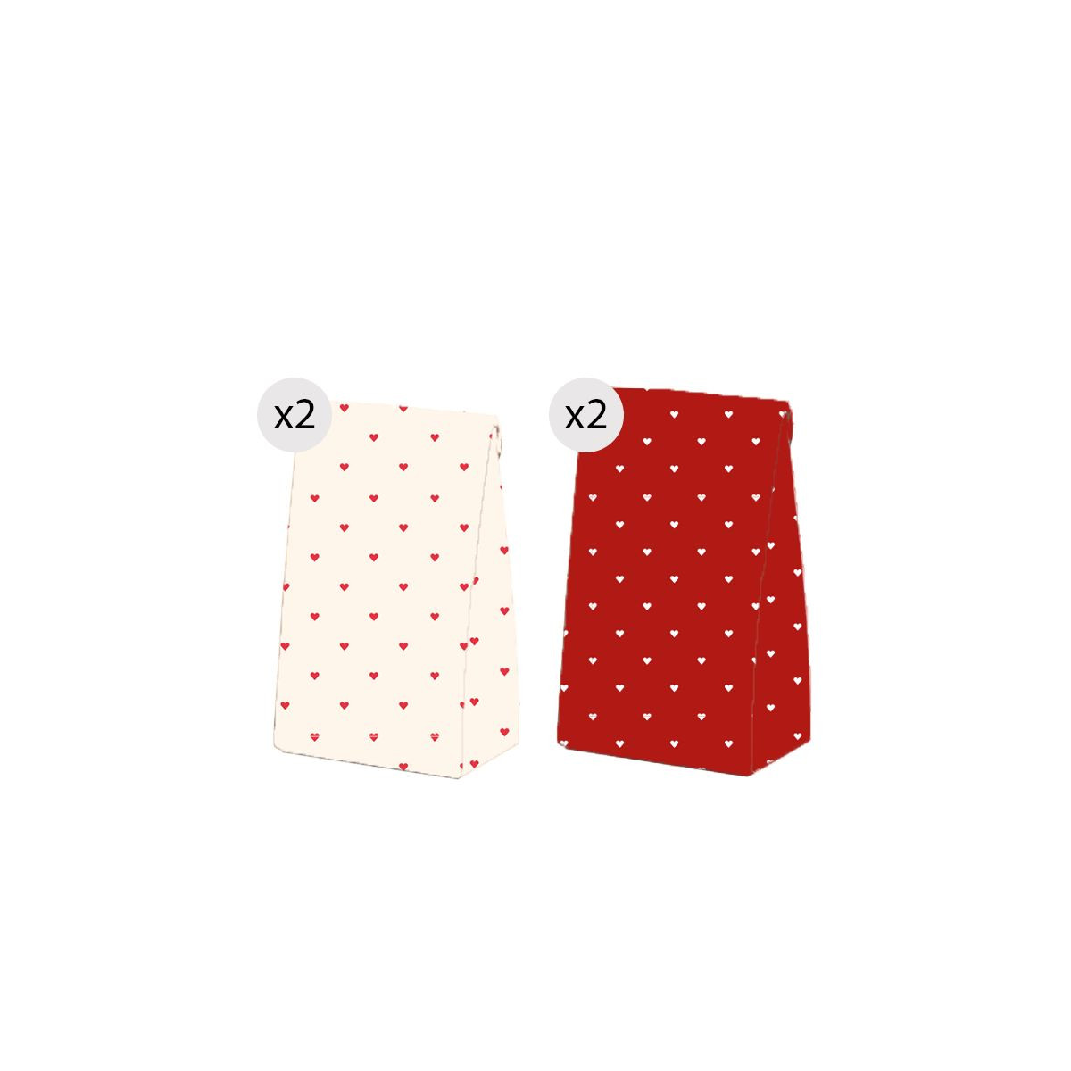 Set de 4 sacs avec des cœurs rouges et blancs taille S