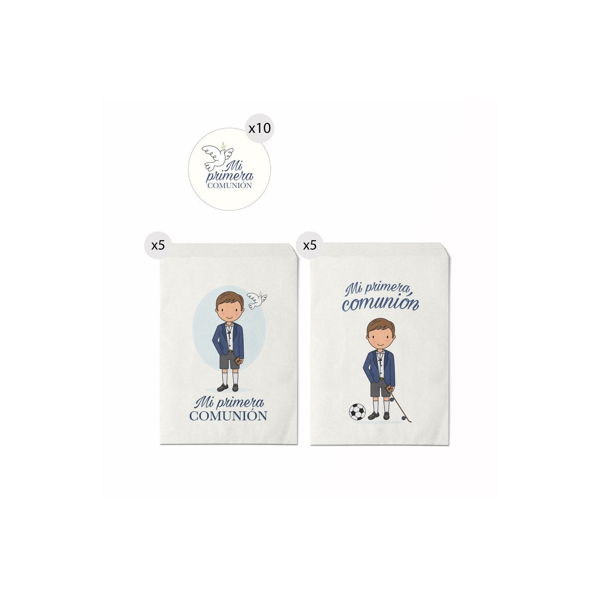 Set de 10 enveloppes en papier 13x16 avec des autocollants de communion pour garçon