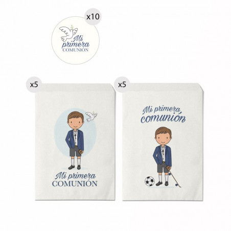 Set de 10 enveloppes en papier 13x16 avec des autocollants de communion pour garçon