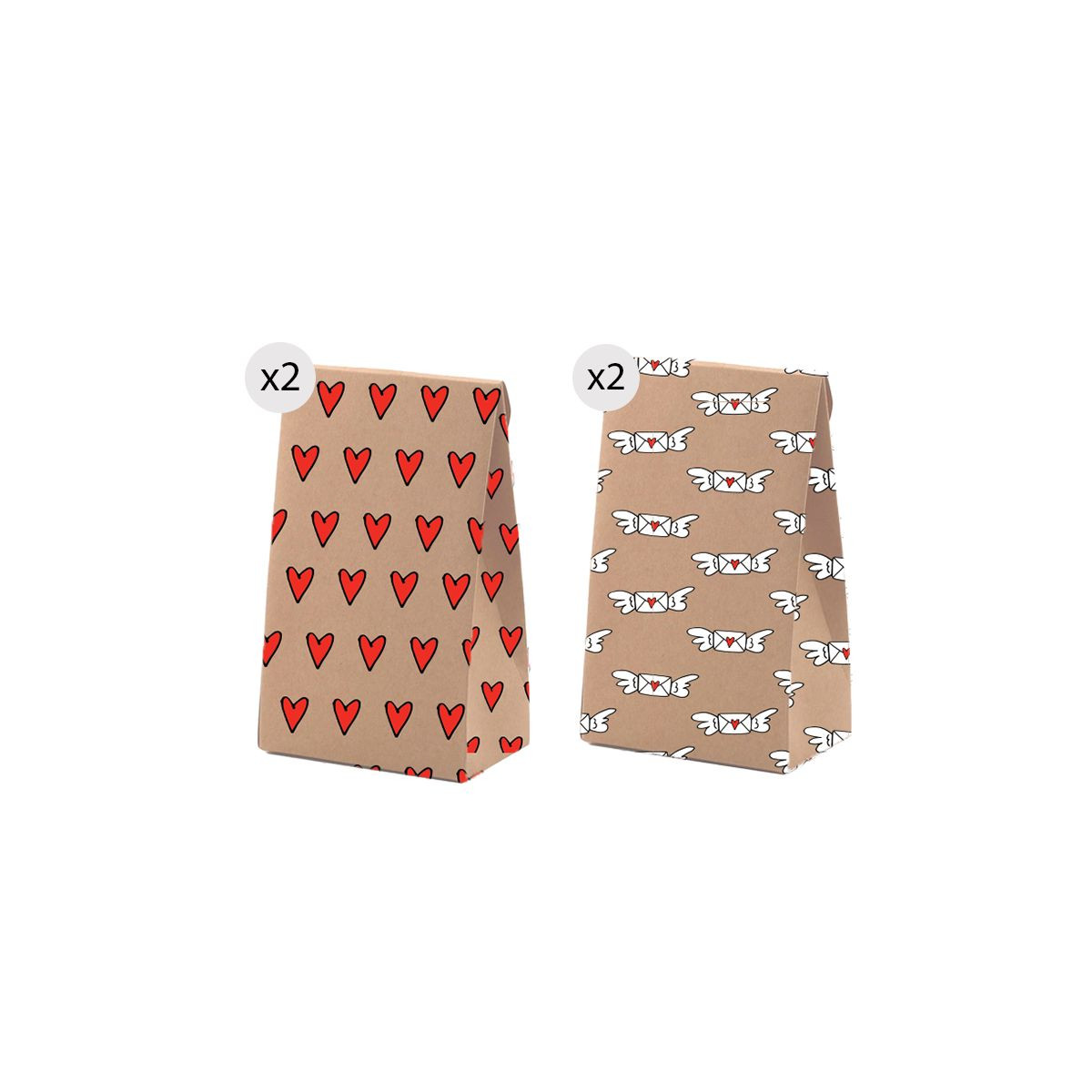 Set de 4 sacs kraft taille M avec un imprimé amusant et romantique