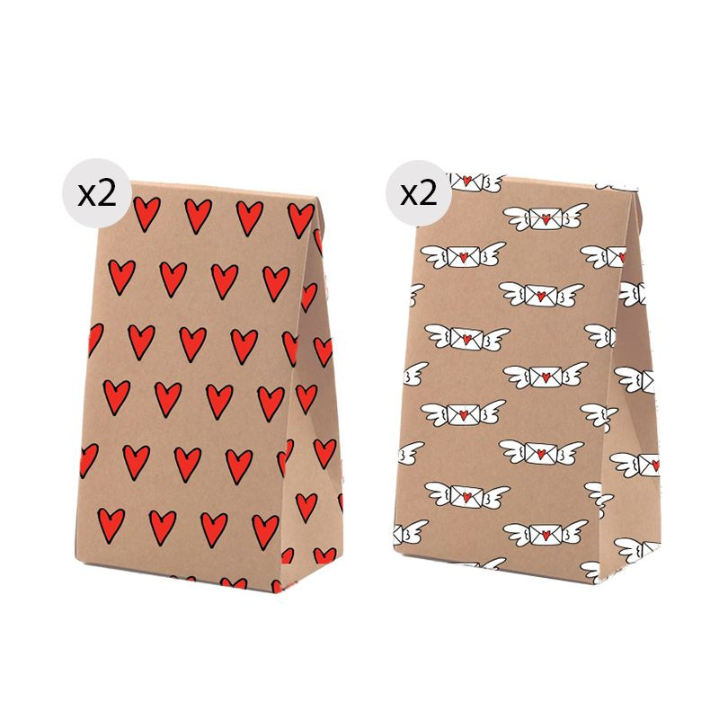 Set de 4 sacs kraft taille M avec un imprimé amusant et romantique
