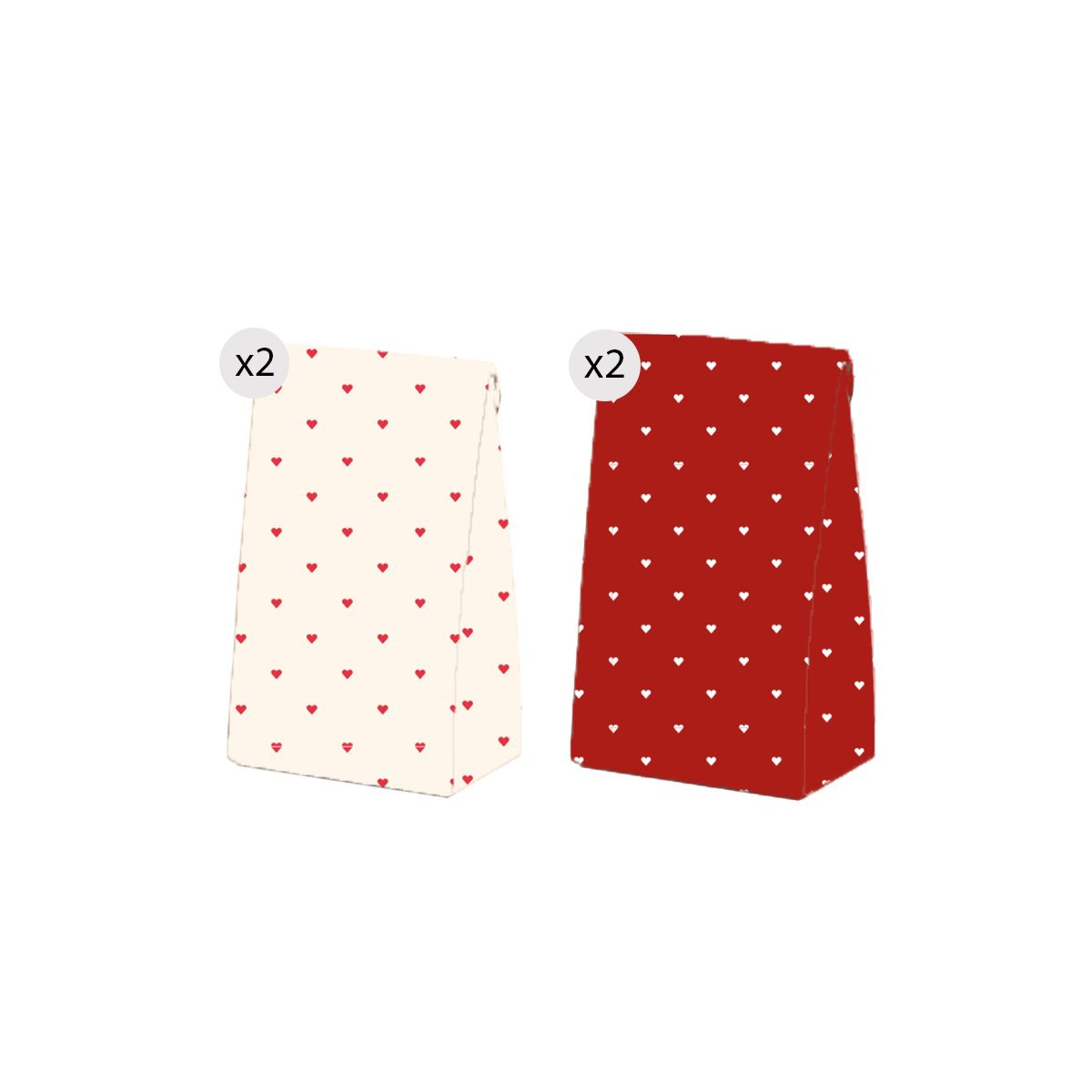 Set de 4 sacs avec des cœurs rouges et blancs taille M