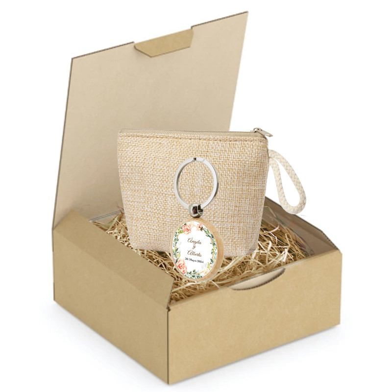 Portefeuille femme avec porte-clés rustique dans une grande boîte en carton cadeau