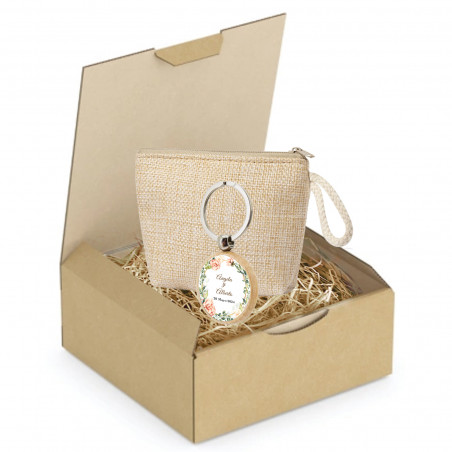 Portefeuille femme avec porte-clés rustique dans une grande boîte en carton cadeau