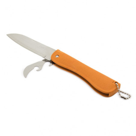 Couteau multifonction avec lame en métal et manche en plastique orange à accrocher