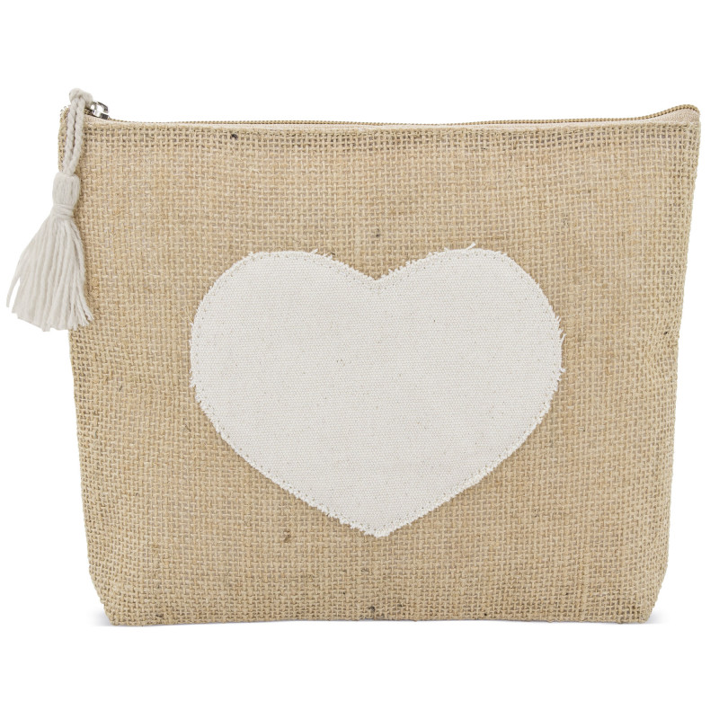Nécessaire en jute avec un cœur en tissu et un pompon de couleur naturelle Nécessaire en jute avec un cœur en tissu et un pompon de couleur naturelle