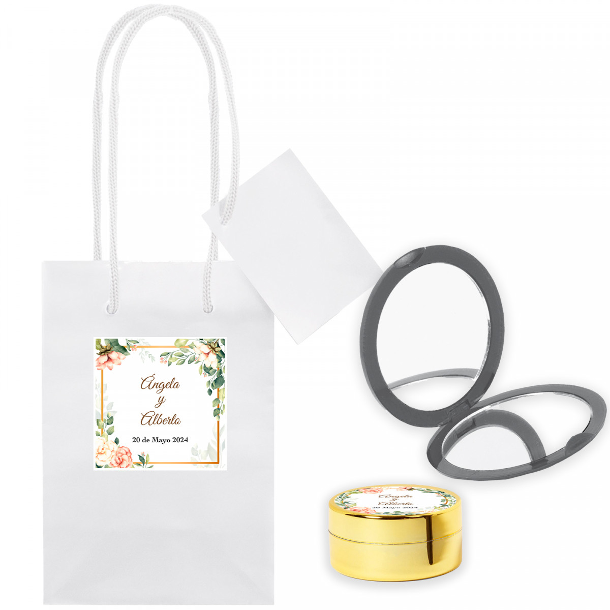 Baume à lèvres personnalisé avec miroir présenté dans un sac personnalisé pour les détails de mariage