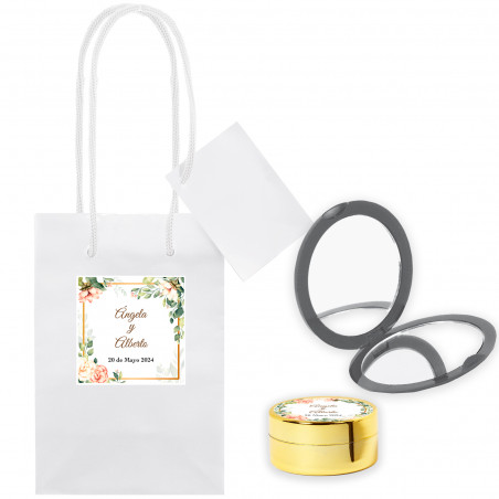 Baume à lèvres personnalisé avec miroir présenté dans un sac personnalisé pour les détails de mariage