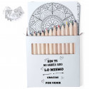 Set de coloriage avec des feuilles de mandalas et un autocollant de remerciement pour les petits détails.