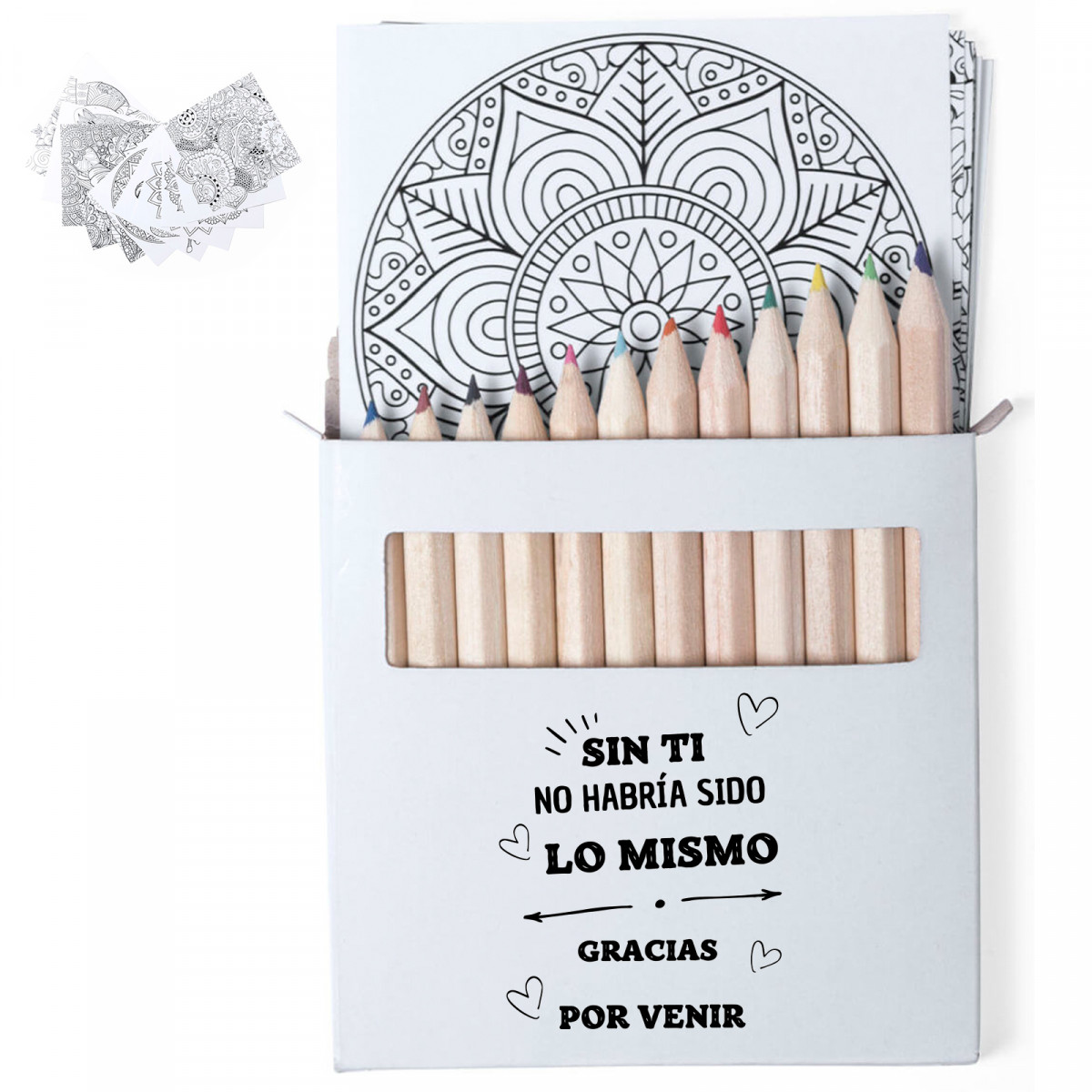 Set de coloriage avec des feuilles de mandalas et un autocollant de remerciement pour les petits détails.