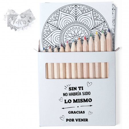 Set de coloriage avec des feuilles de mandalas et un autocollant de remerciement pour les petits détails.