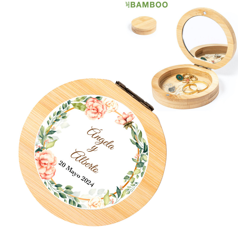 Boîte à bijoux en bambou avec autocollant personnalisé pour détails de mariage