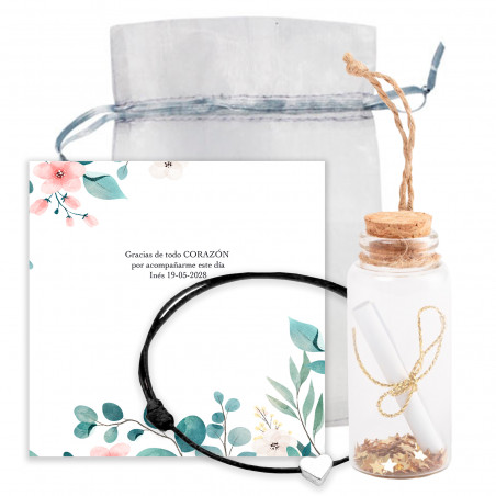 Bracelet cordon bouteille à souhaits avec breloque et carte de remerciement dans un sac cadeau en organza