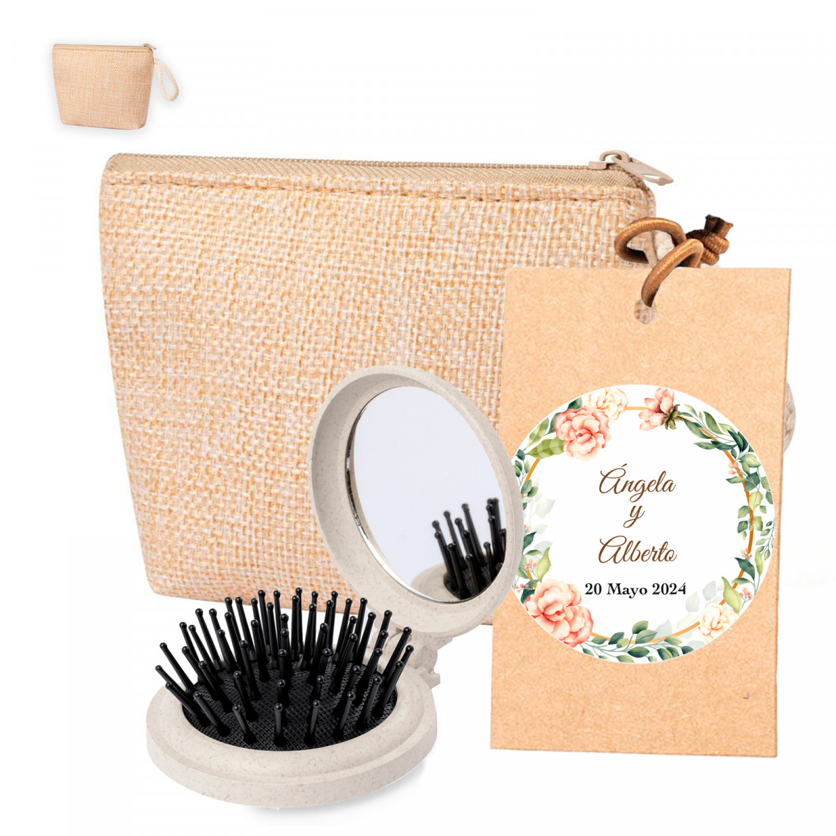 Miroir avec brosse pliable dans un porte-monnaie avec étiquette suspendue avec autocollant personnalisé pour des détails.