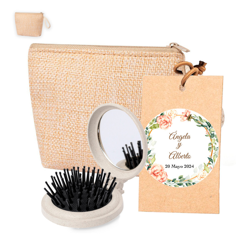Miroir avec brosse pliable dans un porte-monnaie avec étiquette suspendue avec autocollant personnalisé pour des détails.