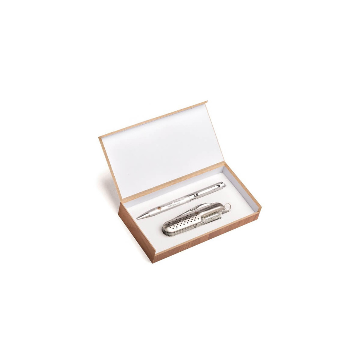 Couteau et stylo personnalisés dans une boîte en bois pour des cadeaux d'entreprise à Noël