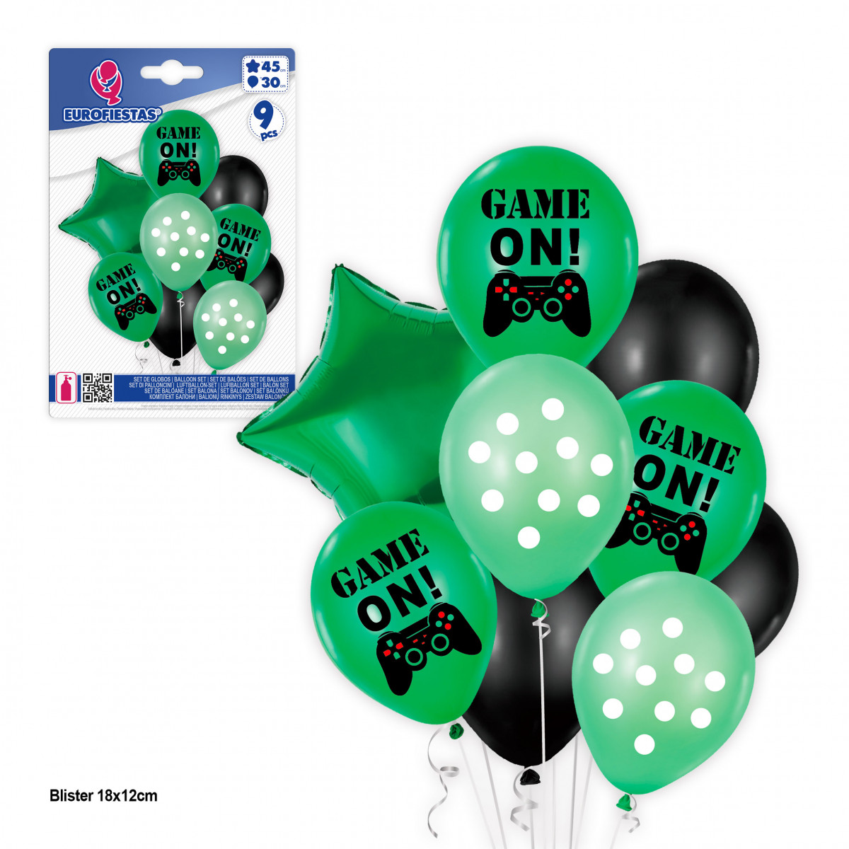 Ballons imprimés 9 unités de gamer avec diverses formes en couleurs verte et noire