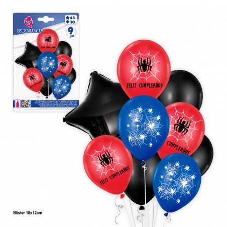 Ballons d'anniversaire 9 unités avec motifs Spider en rouge, bleu et noir