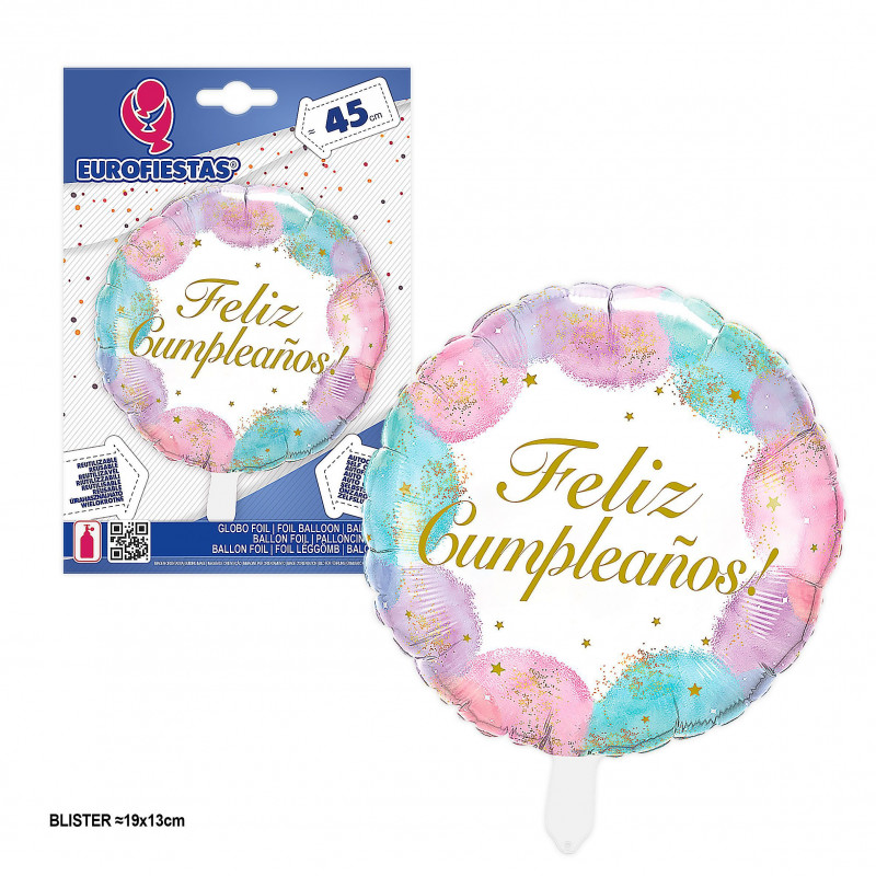 Ballon foil rond design anniversaire taches aquarelle 45 cm