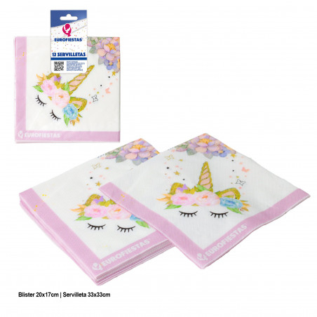 Serviettes de fête licorne rose 12 unités