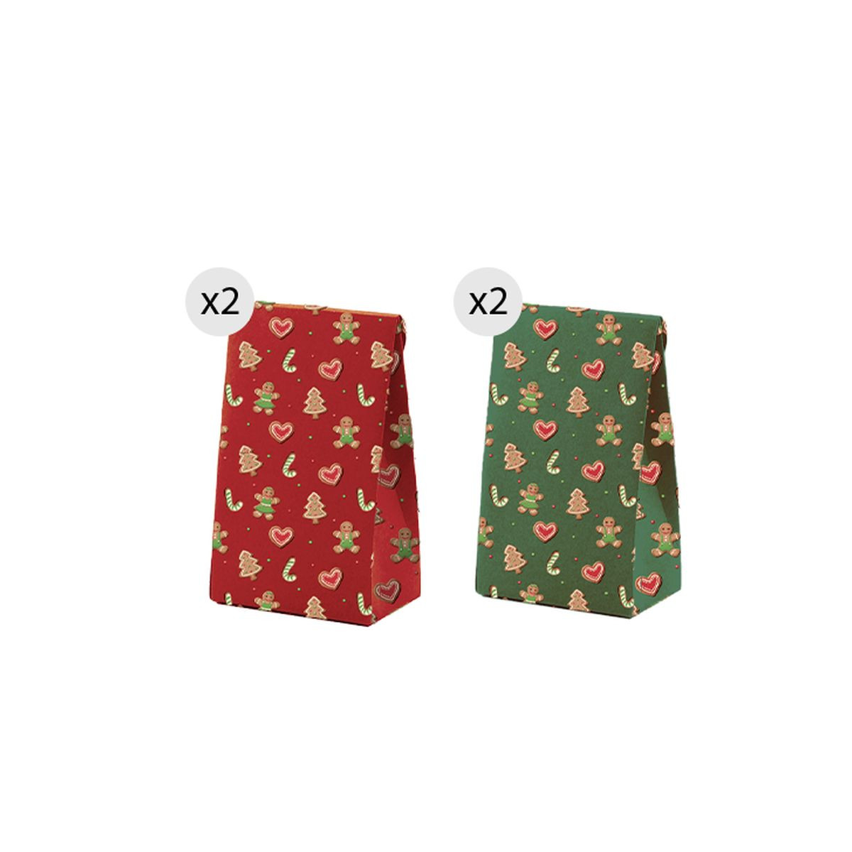 Sacs pour Noël 4 unités 11.5x14cm vert et rouge avec motifs