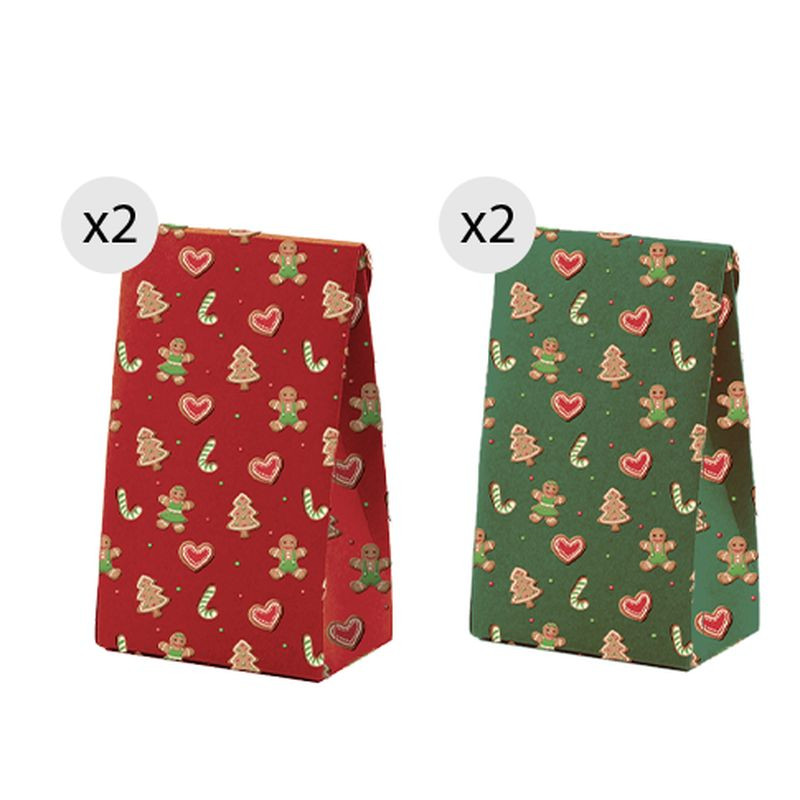 Sacs pour Noël 4 unités 11.5x14cm vert et rouge avec motifs