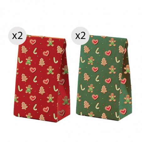 Sacs de Noël 4 unités 18x23cm verts et rouges avec motifs
