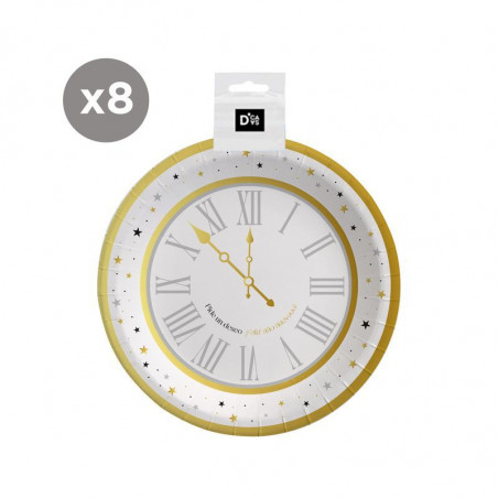 Assiettes jetables Réveillon 8 unités 18cm horloge