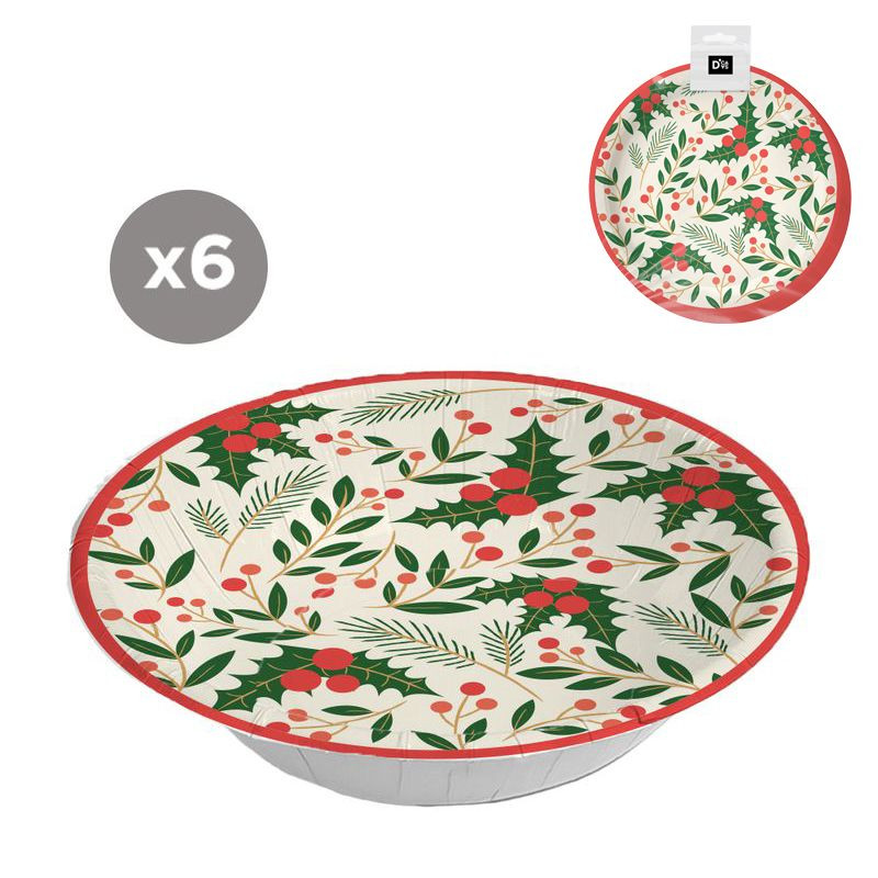 Bols jetables Noël 6 unités 17,5cm feuilles de houx