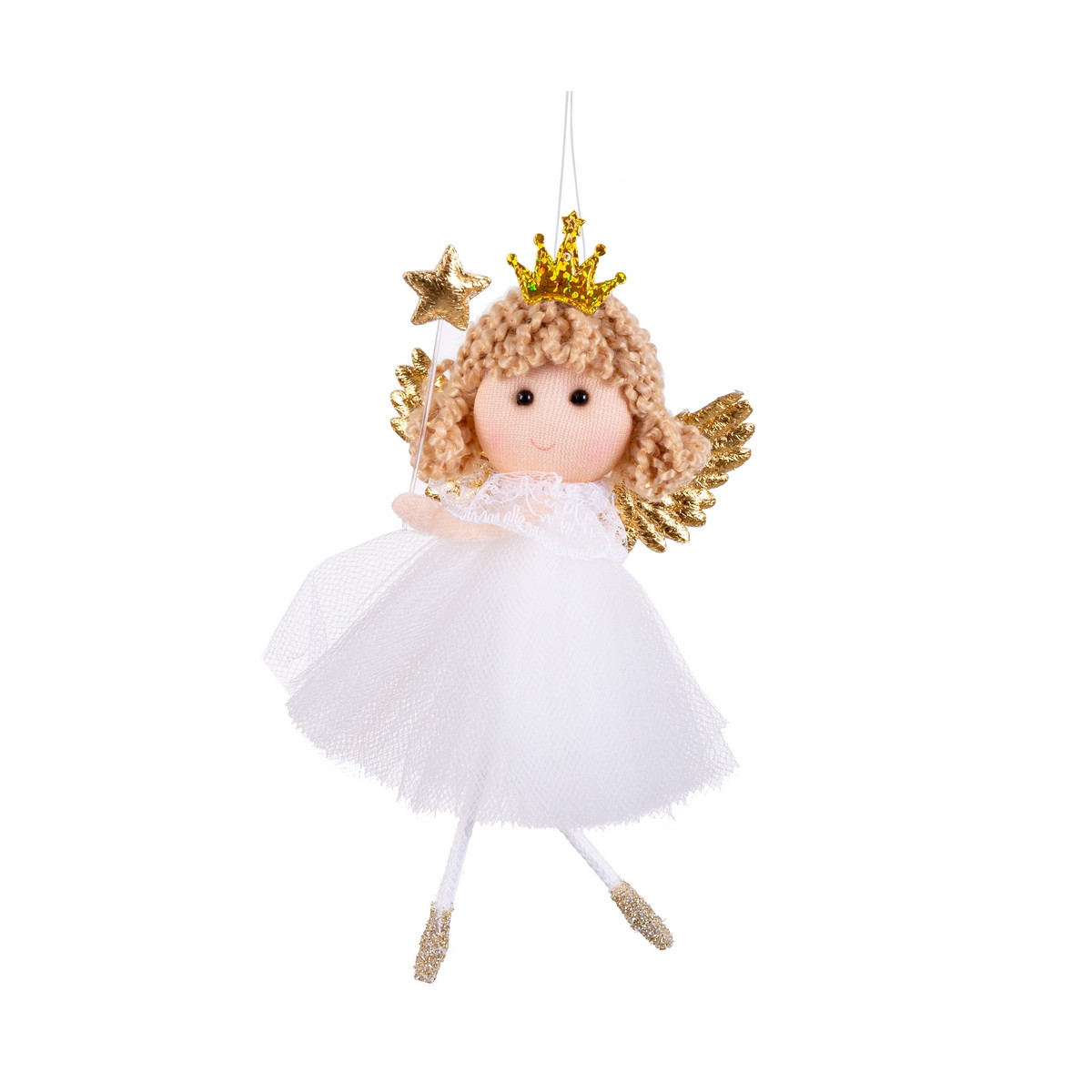 Pendentif d'ange ou de fée en robe blanche avec baguette et ailes dorées