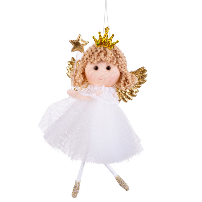 Pendentif d'ange ou de fée en robe blanche avec baguette et ailes dorées
