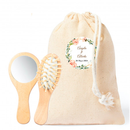 Miroir et peigne en bois dans un sac en tissu personnalisé pour les détails
