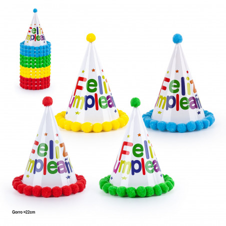 Chapeau de fête Joyeux Anniversaire avec pompons 22cm