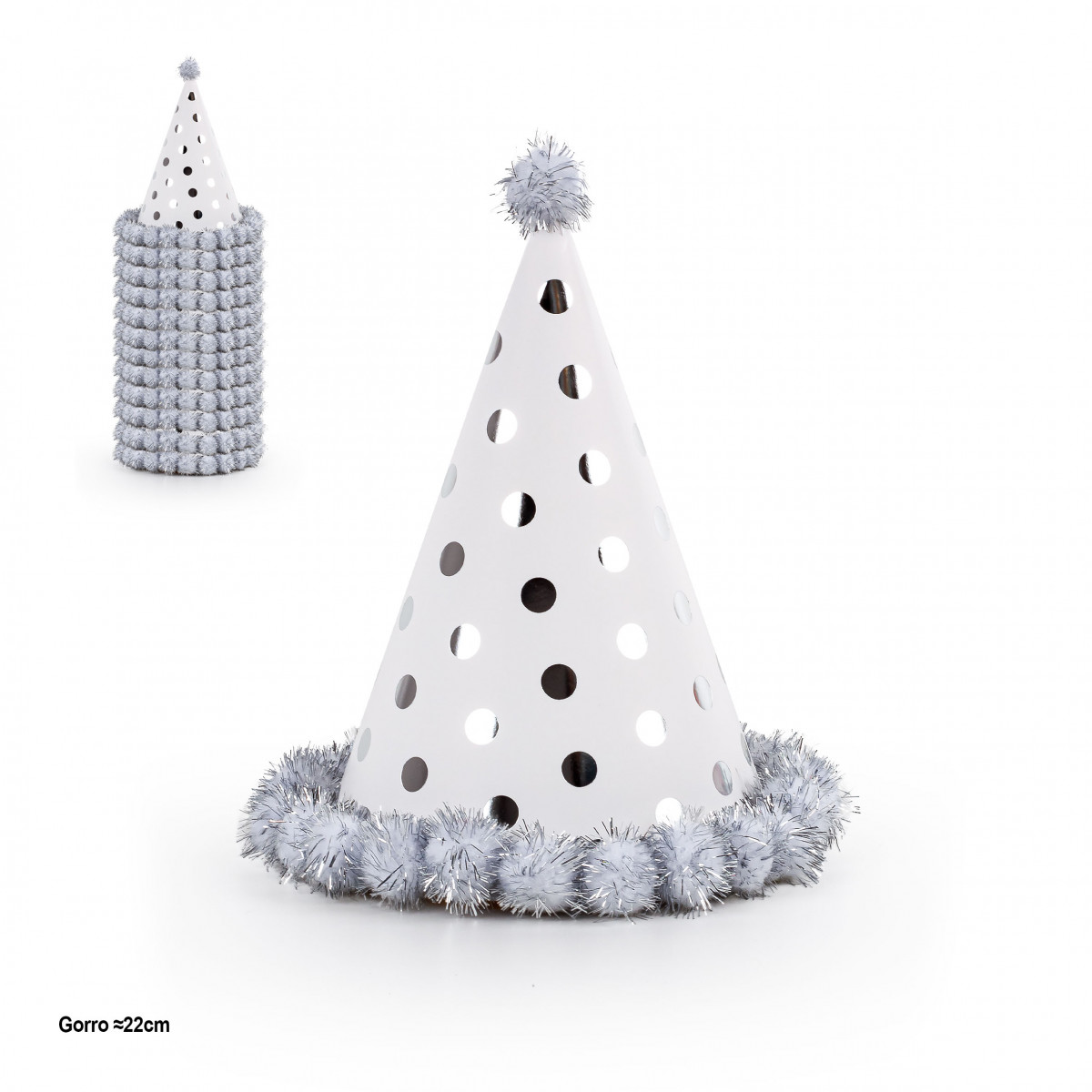 Chapeau de fête à pois argenté métallisé avec pompons de 22 cm