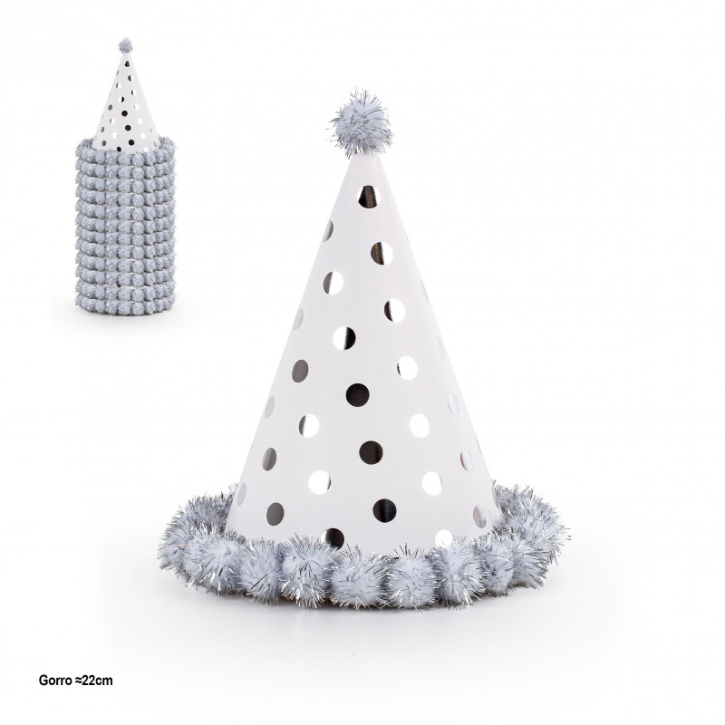Chapeau de fête à pois argenté métallisé avec pompons de 22 cm