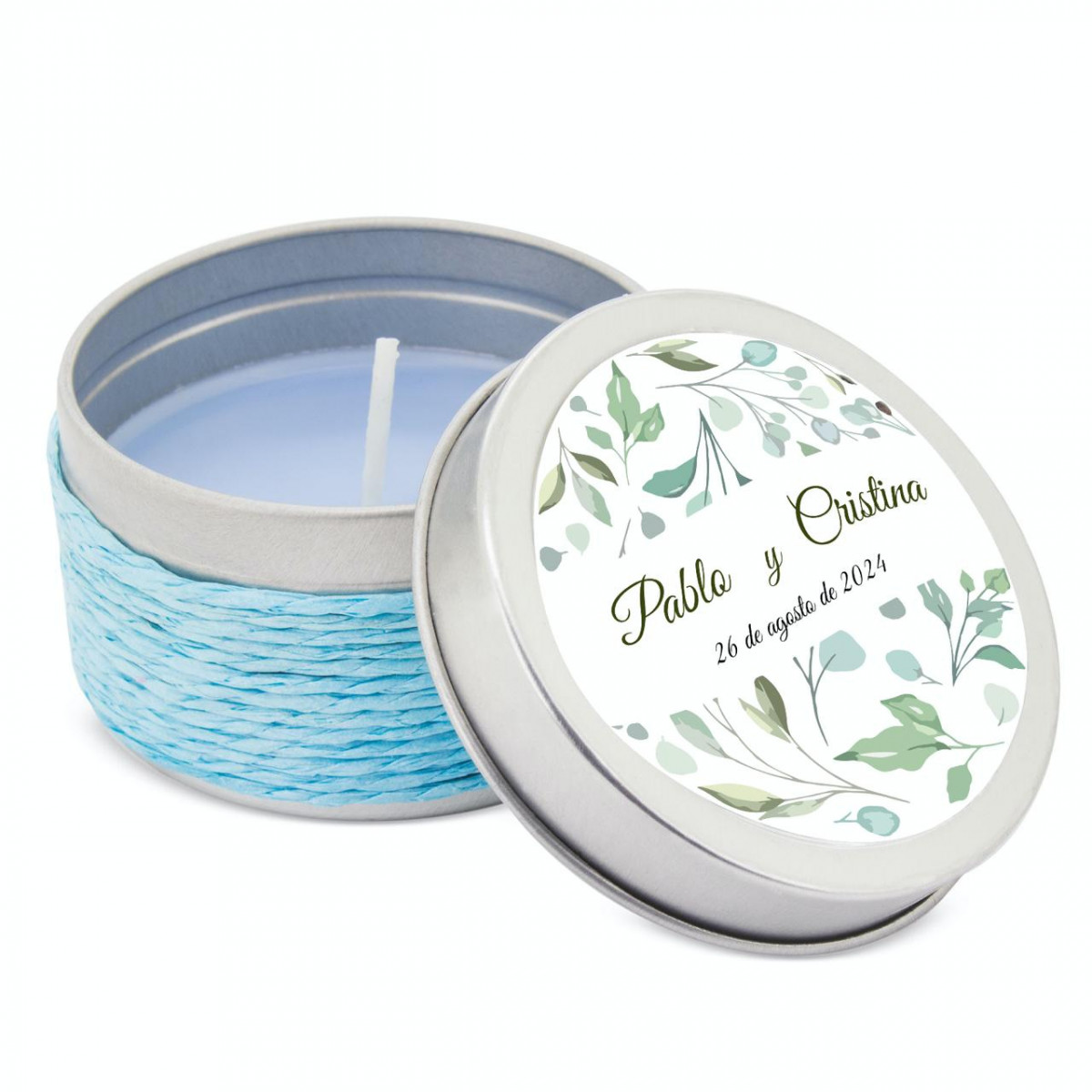 Bougie parfumée bleue dans une boîte en métal avec autocollant personnalisé pour événements