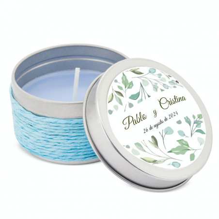 Bougie parfumée bleue dans une boîte en métal avec autocollant personnalisé pour événements
