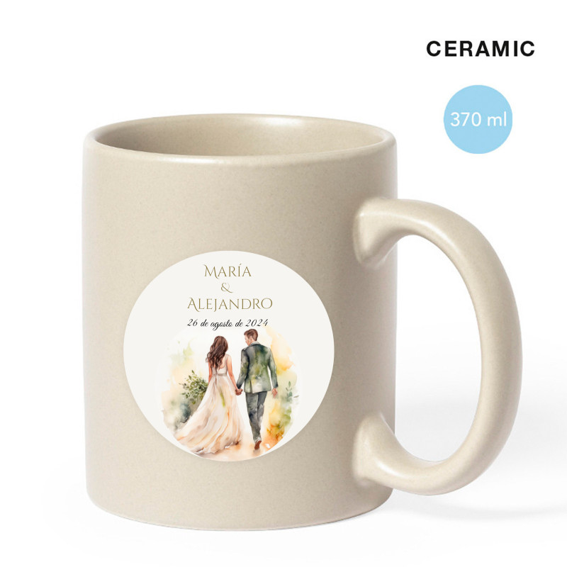 Tasse en céramique avec autocollant personnalisé pour les détails de mariage
