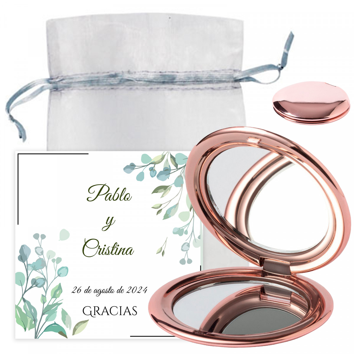 Miroir double or rose avec carte de rappel dans un sac en organza pour des détails